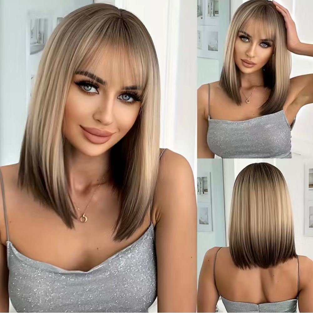 Human hair blend brown ombre blonde Bob straight wig.